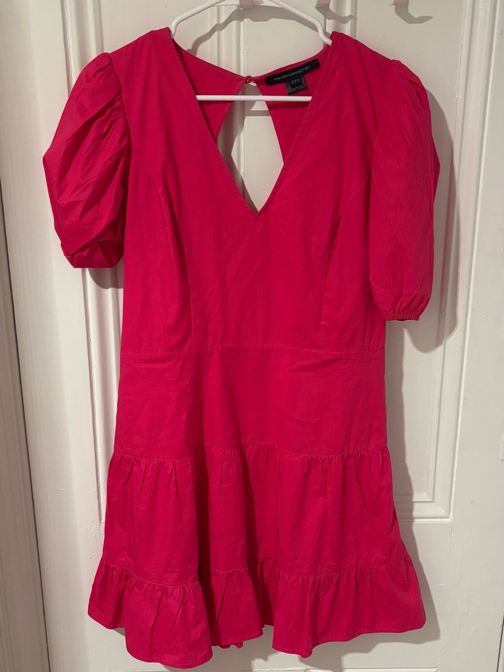 French Connection Bright Pink V-Neck Puff Sleeve Dress
